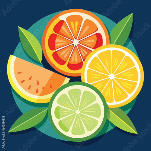 Vibrant citrus slices and green leaves arrangement orange lemon
