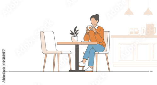 Serene Cafe Scene Illustration of a Woman Enjoying Coffee, Ideal for Lifestyle Blogs, Social Media Content, or Cafe Promotion Materials