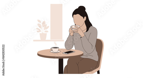 Serene Moment Illustration of a Woman Enjoying Coffee at a Cafe, Suitable for Lifestyle Blogs, Coffee Shop Promotions, or Digital Marketing Campaigns.