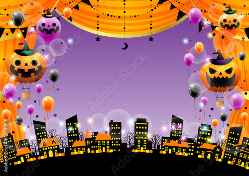 ハロウィン劇場、オレンジ、幕、街並み、かわいい、イラスト、背景、横