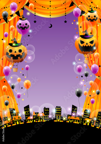 ハロウィン劇場、オレンジ、幕、街並み、かわいい、イラスト、背景、縦