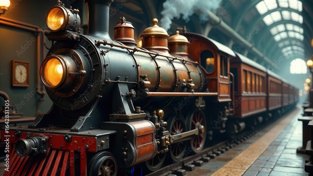 Obraz premium A vintage steam locomotive and passenger train cars stand poised at a station platform, ready for departure