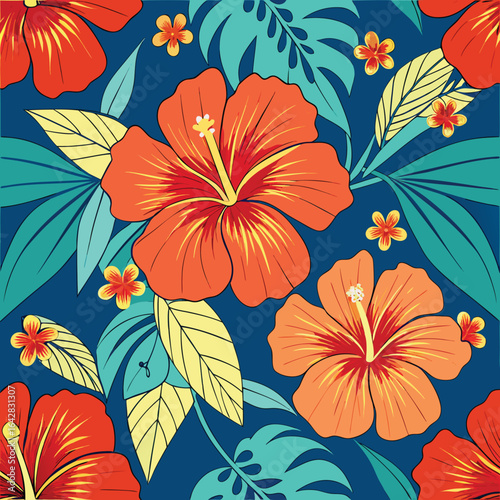 Vibrant tropical hibiscus floral pattern with lush foliage vector