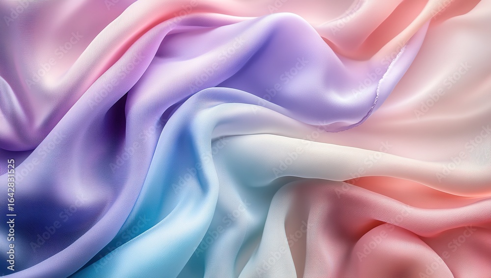 Obraz premium A close-up of an ethereal, pastel-colored fabric, flowing and dreamy, with soft ripples creating intricate patterns in shades of blue, purple, pink, and white. The background is a gradient