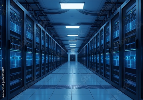 Modern server room with rows of computer racks and blue lights