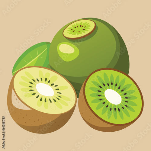 Whole and sliced green kiwifruit with leaves vector