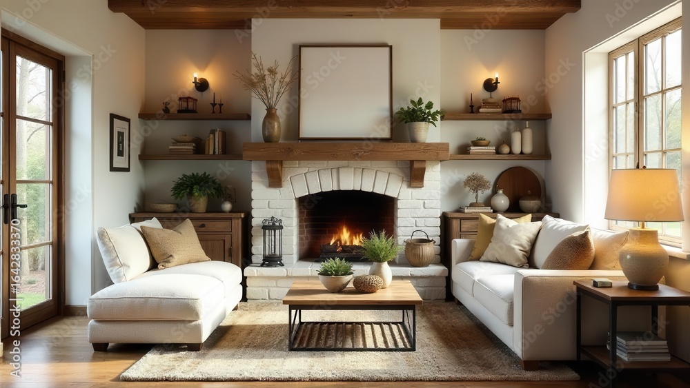 Fototapeta premium Rustic living room interior design with a cozy fireplace, comfy off-white sofa, and wooden shelving units displaying decorative items and books.