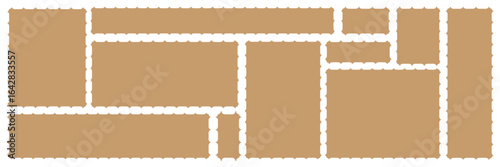 Postcard stamps template set. Blank postage stamps. Set of frames in shape of squares and rectangles of various sizes with zigzag edges. EPS 10