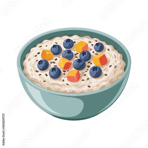 Healthy oatmeal bowl topped with fresh berries and fruit