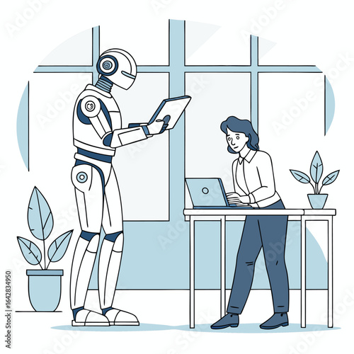 Modern office featuring businesswoman working alongside advanced robot assistant for increased productivity and innovation