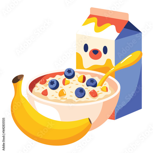 Healthy breakfast bowl with banana and milk carton