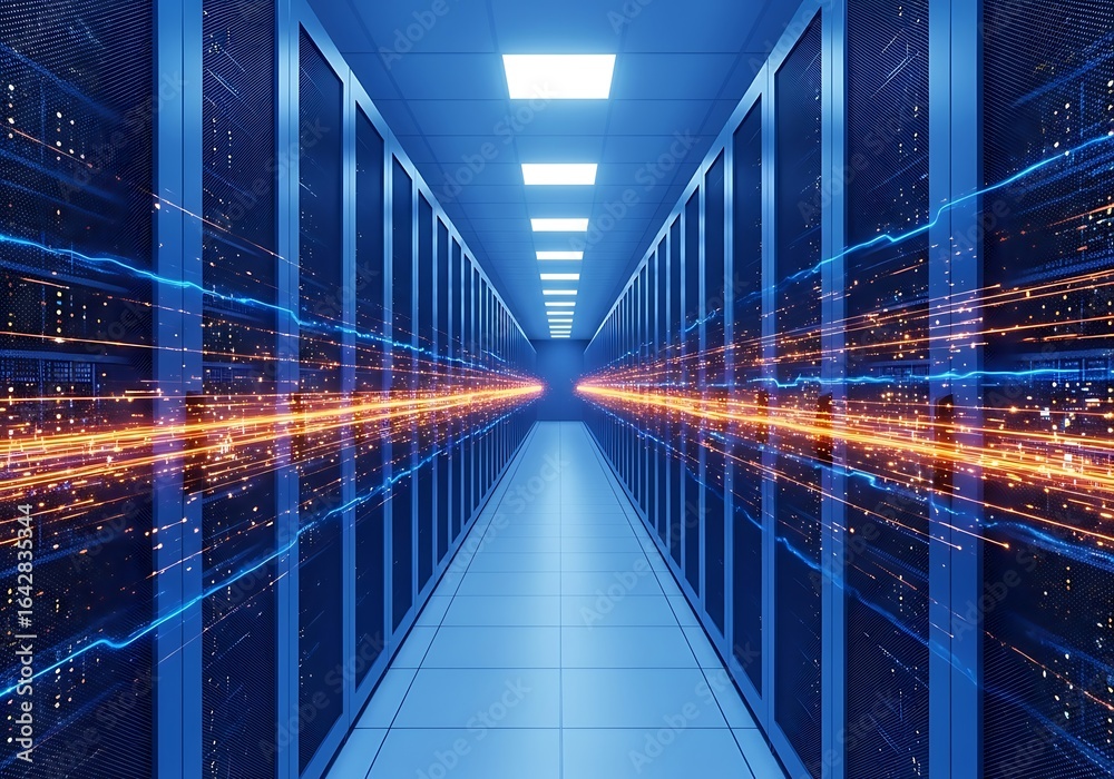 Obraz premium Server room with glowing data streams in a digital corridor