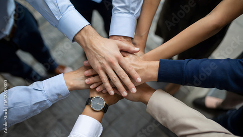 A high-angle photograph of multiple hands from a diverse team stacked together in a gesture of unity and teamwork.