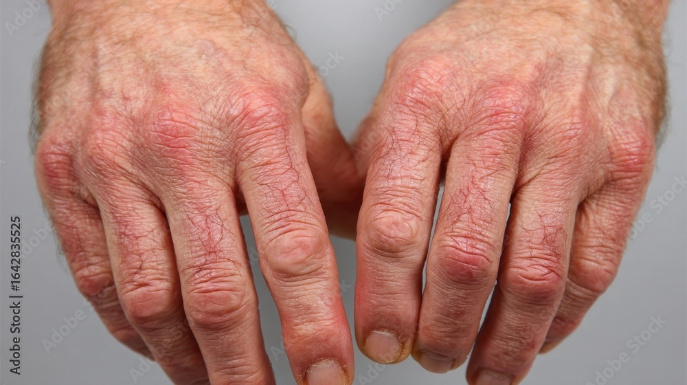 Fototapeta premium Side view of hands exposing deep skin cracks and redness caused by chronic hand dermatitis under natural lighting.