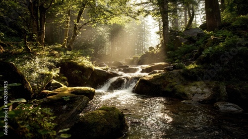 Sunlight streams through a misty forest over a cascading creek