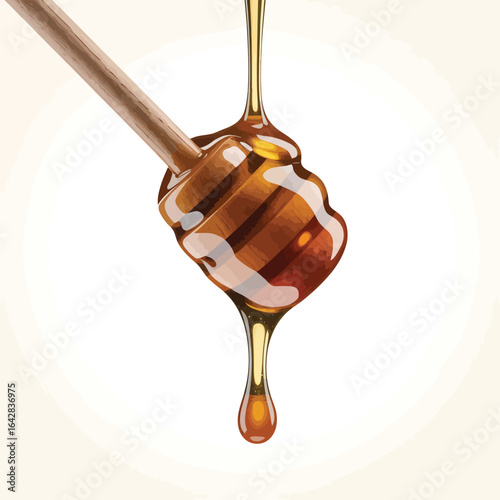 Golden honey dripping from a wooden honey dipper