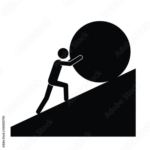 Person pushing a large rock uphill on a Vector illustration of white background boulder