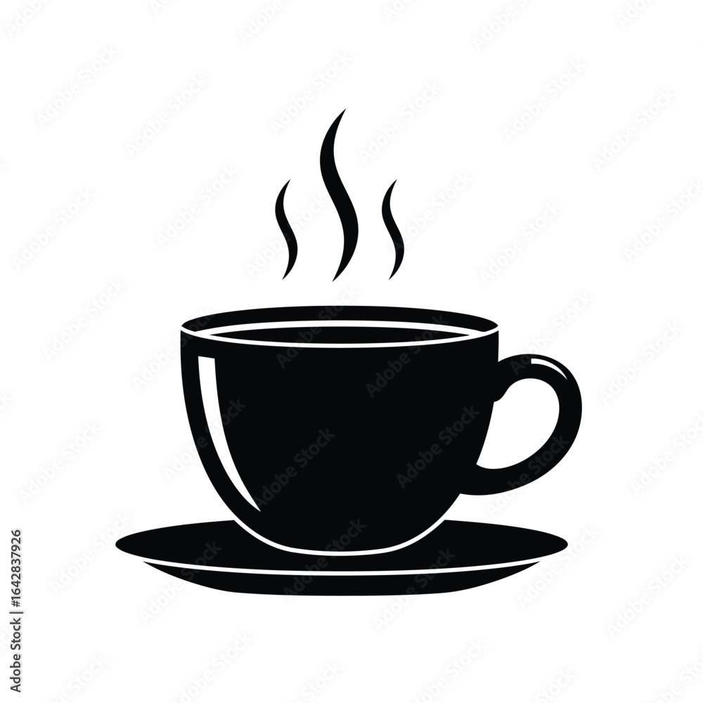 Vector illustration of Black silhouette of a steaming coffee cup and saucer on a white background drink Vector illustration of Black silhouette of a steaming coffee cup and saucer on a white background drink