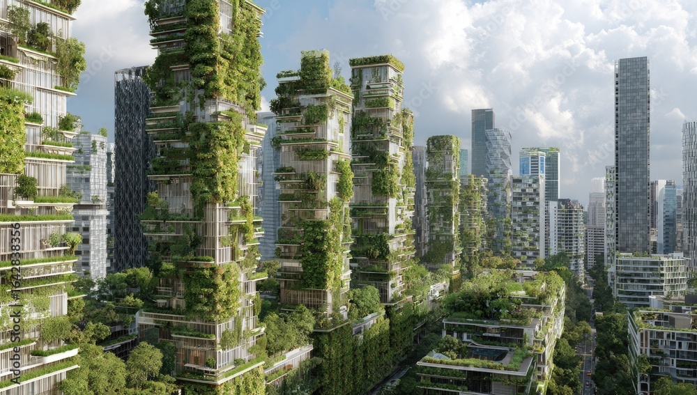 Obraz premium Lush, overgrown skyscrapers in a futuristic cityscape