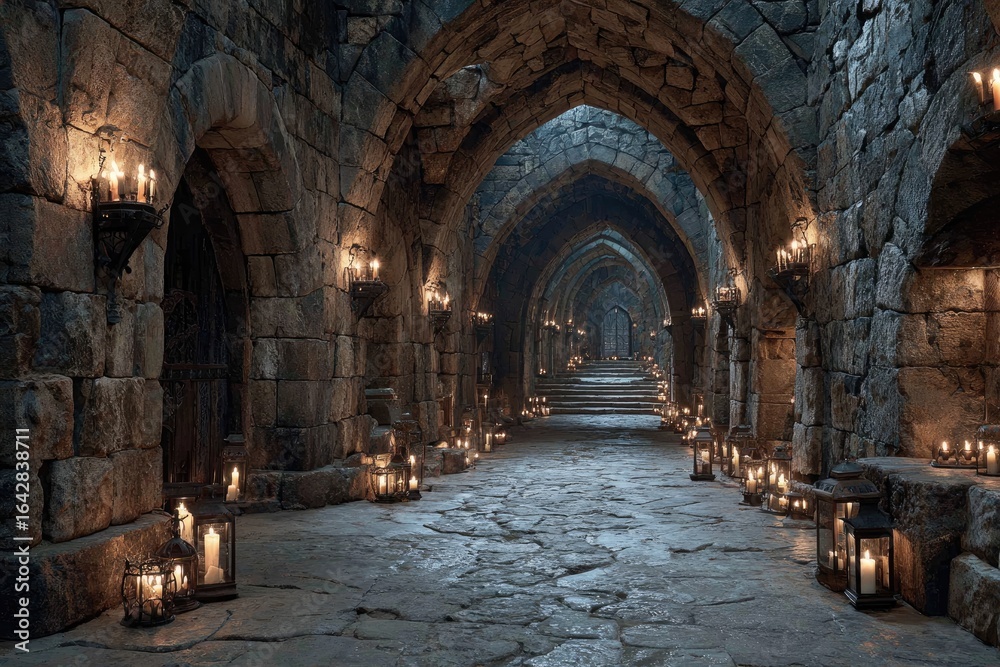 Fototapeta premium Ancient stone corridor lit by candles