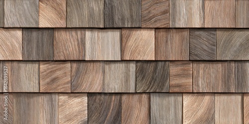 Wood shingle siding, various shades of brown and gray
