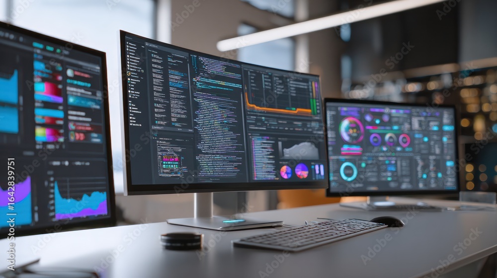 Naklejka premium Cyber Hub: Display of data analysis on multiple monitors. A futuristic office workspace. The image represents technological process.
