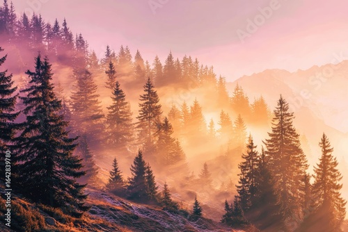 Wallpaper Mural Misty mountain sunrise, pines, golden light Torontodigital.ca