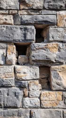 Close-up view of a stone wall, exhibiting a variety of shades of gray and tan.  Several rectangular openings are visible within the masonry