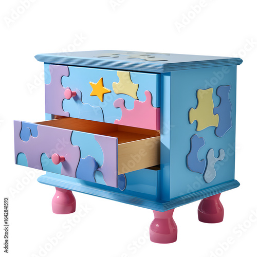 Colorful, playful dresser features jigsaw puzzle design. Bright light reflects on the smooth surface. Ideal for kids' room decor, product staging.