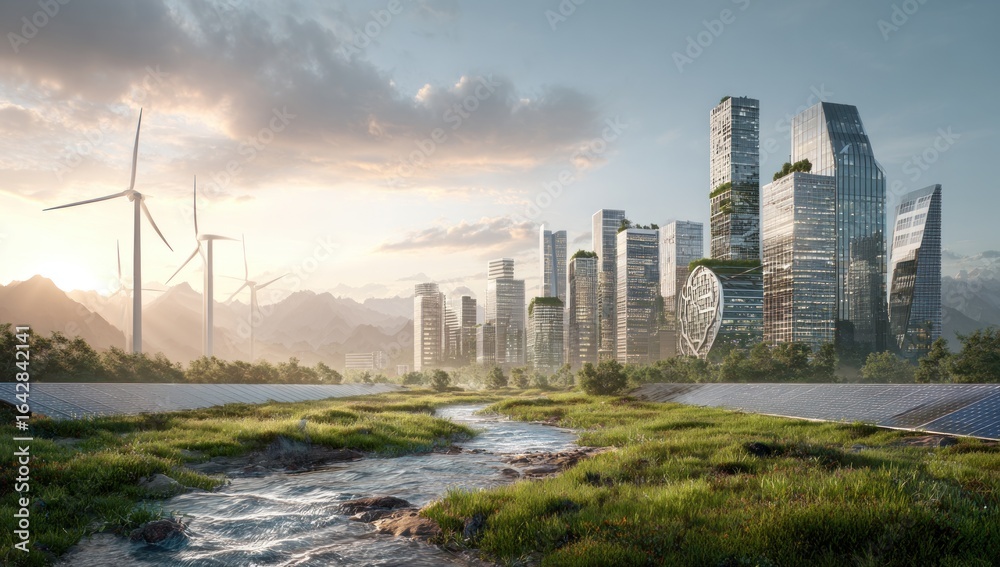 Fototapeta premium Sustainable city, mountains, renewable energy