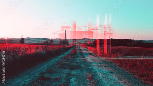 A road through a field, digitally altered, with a double exposure effect, sunset hues