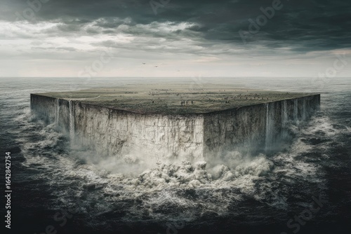 Floating square island, dramatic waves, stormy sky