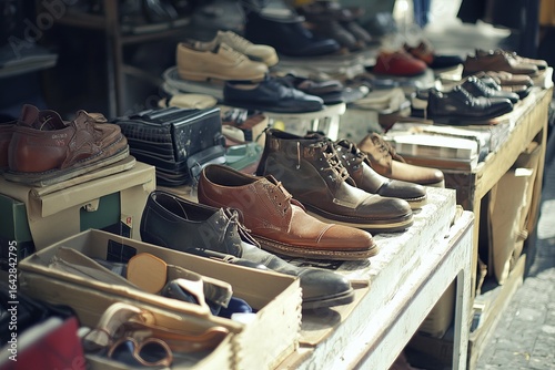A variety of used shoes displayed on wooden stalls at a market