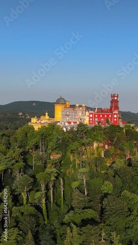Pena Palace in Sintra, near Lisbon, Portugal, Europe.
Aerial shot of Sintra National Park and its fairytale villas.