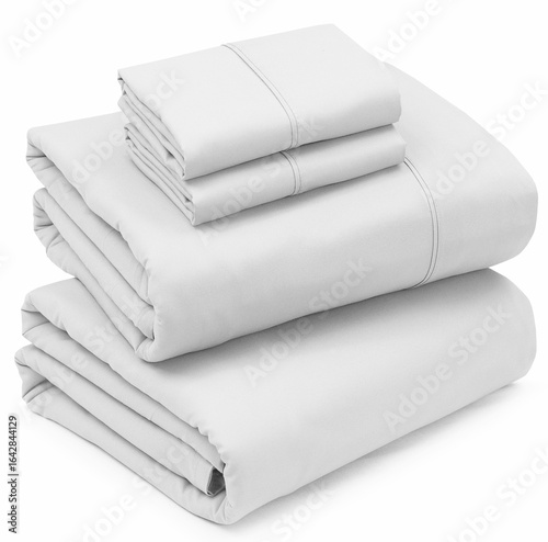 A stake of white folded bedsheet set with pillowcases isolated on white background, white folded bed linens on white background use for mockups, advertisement, commercial etc.