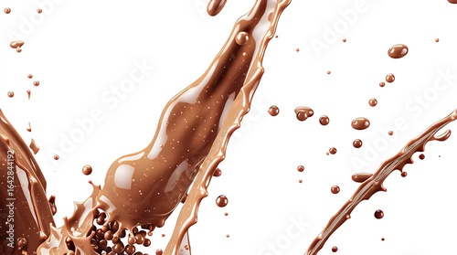 Chocolate liquid splashes and drops against a white background