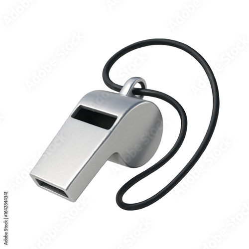 Silver metal whistle with black lanyard isolated on transparent background
