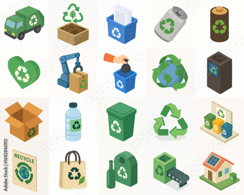 Pixelated Isometric Recycling Element Set with Eco Friendly Theme Design