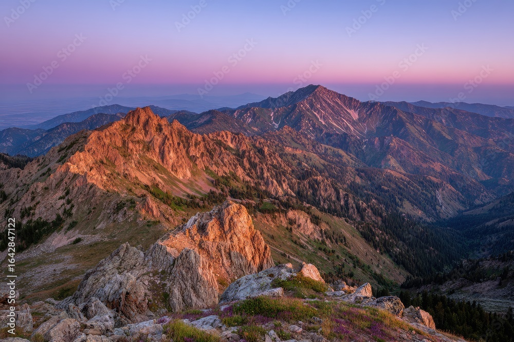 Fototapeta premium Mountain range at dawn. Rocky peaks bathed in sunrise colors