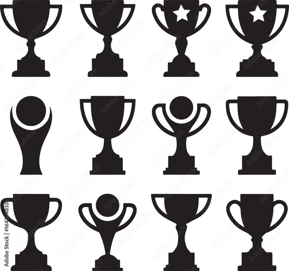 Obraz premium Set of black silhouette vector icons trophies cups champions winning themes proportions collection