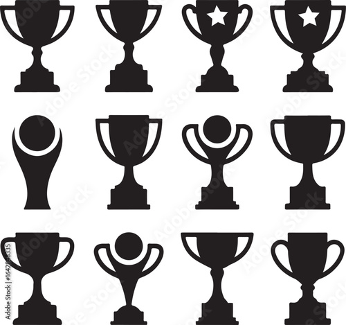Set of black silhouette vector icons trophies cups champions winning themes proportions collection