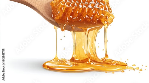 Honeycomb drips from wooden spoon