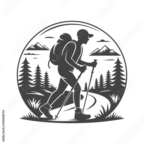 Hiker with backpack and poles in mountain landscape trekking poles mountains