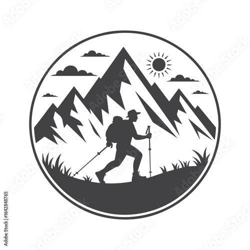 Hiker with backpack and poles on mountain landscape with sun and clouds vector