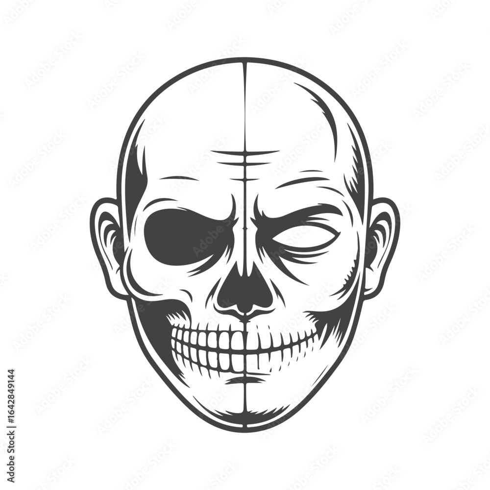 Fototapeta premium Human skull with one eye socket empty and the other open head face