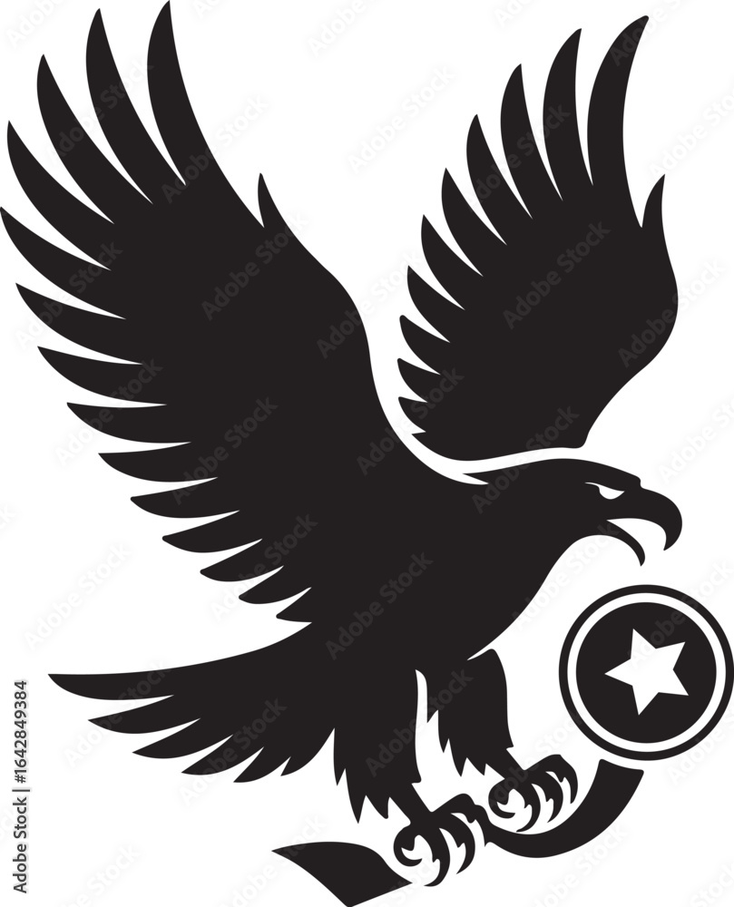 Obraz premium Eagle silhouette clutching winner medal with talons black color vector on white background