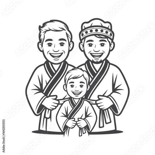 Joyful family in martial arts attire kimono smiling