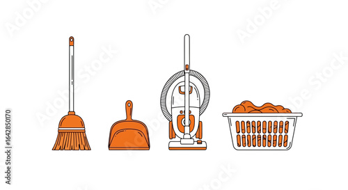 Essential Cleaning Tools Set Depicted in a Minimalist Vector Illustration for Housekeeping and Domestic Cleaning Services Promotion
