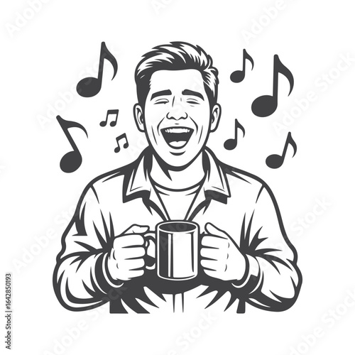 Joyful man singing with musical notes and coffee mug happy
