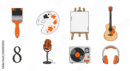 Colorful Collection of Artistic and Musical Tools and Instruments, Representing Creative Pursuits and Hobbies, Perfect for Illustrating Art Education and Entertainment